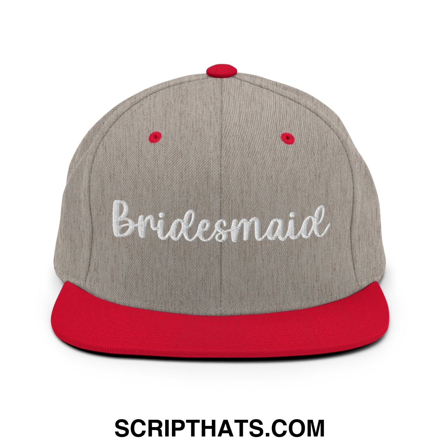 Gray and red bridesmaid snapback hat with white embroidered script and a flat bill brim for wedding use