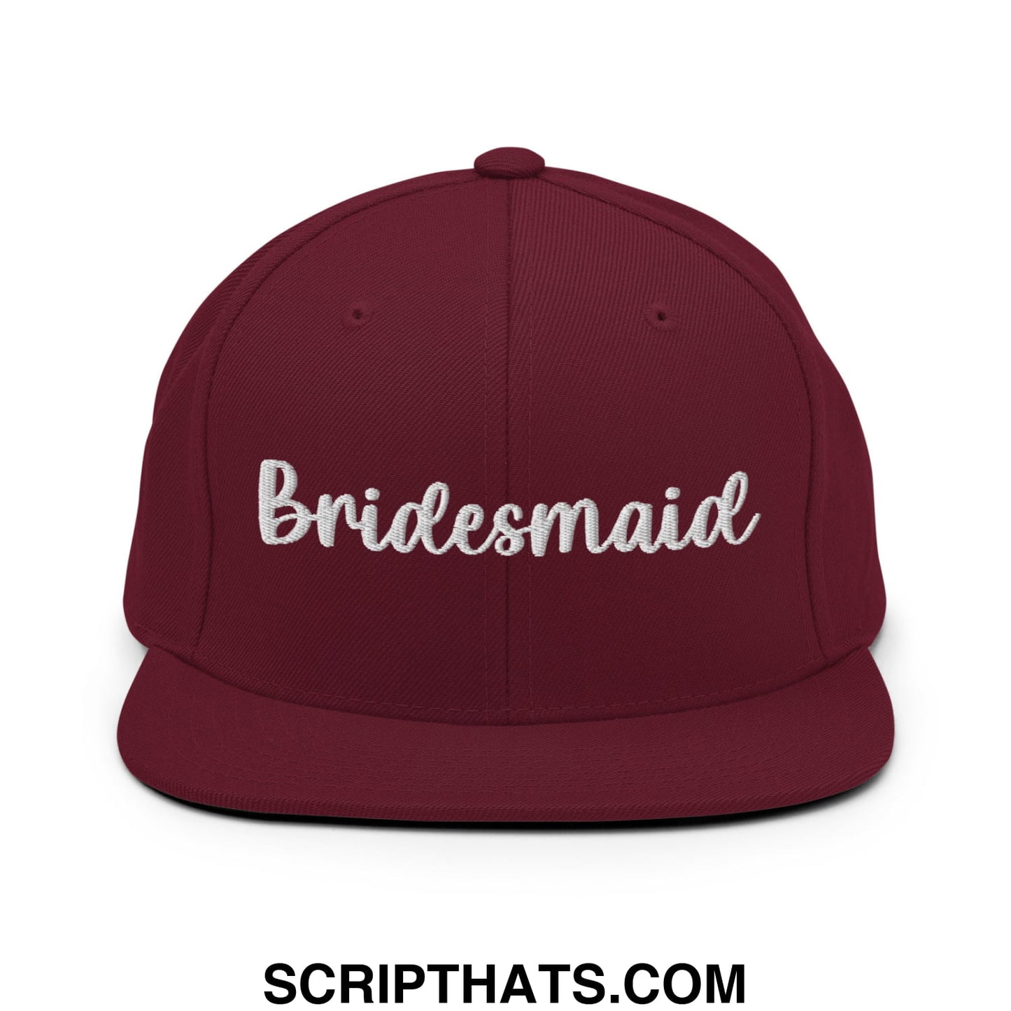 Maroon snapback hat with white embroidered bridesmaid script and flat bill brim for bridal party wear