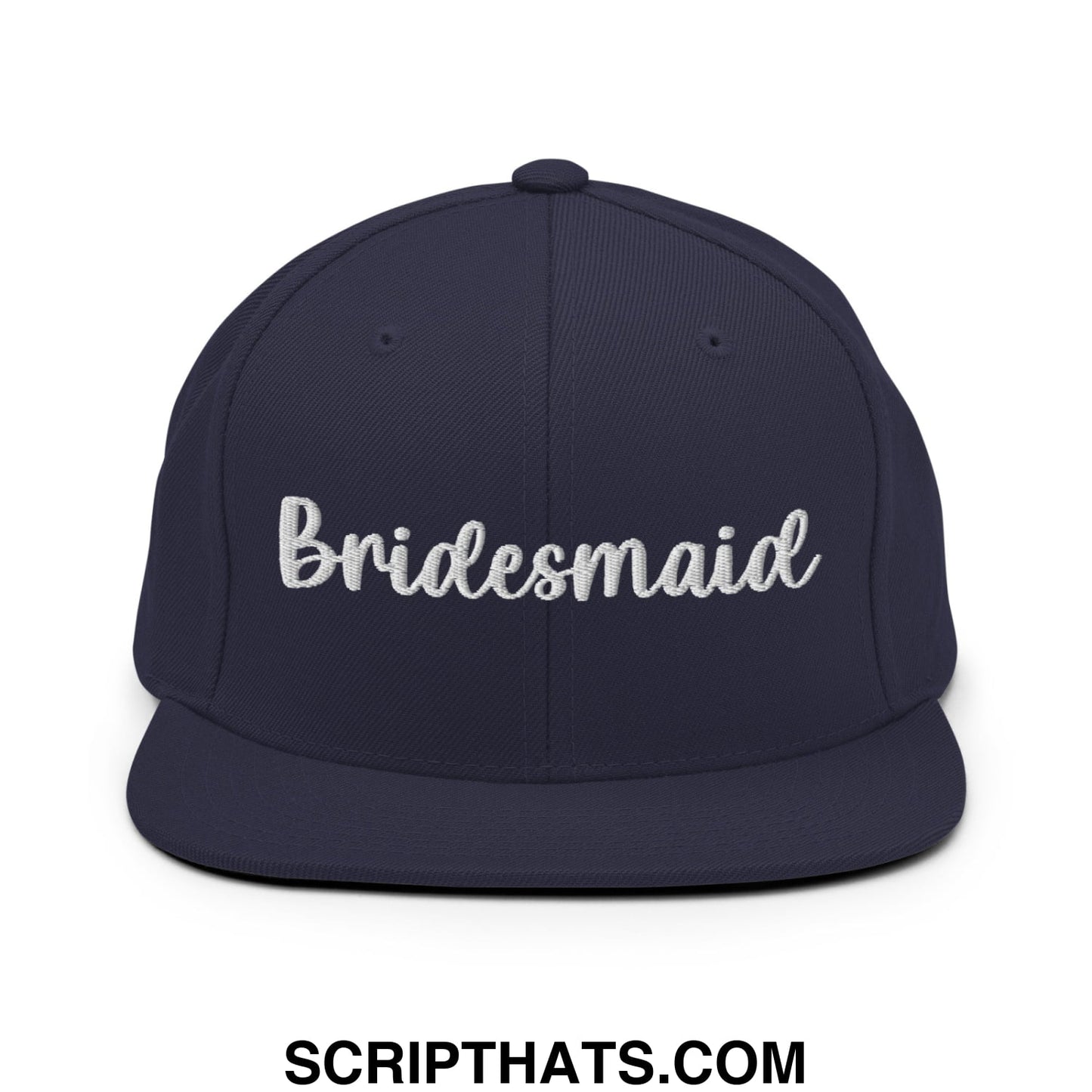 Navy blue bridesmaid snapback hat with white cursive embroidery and flat bill brim for bridal parties