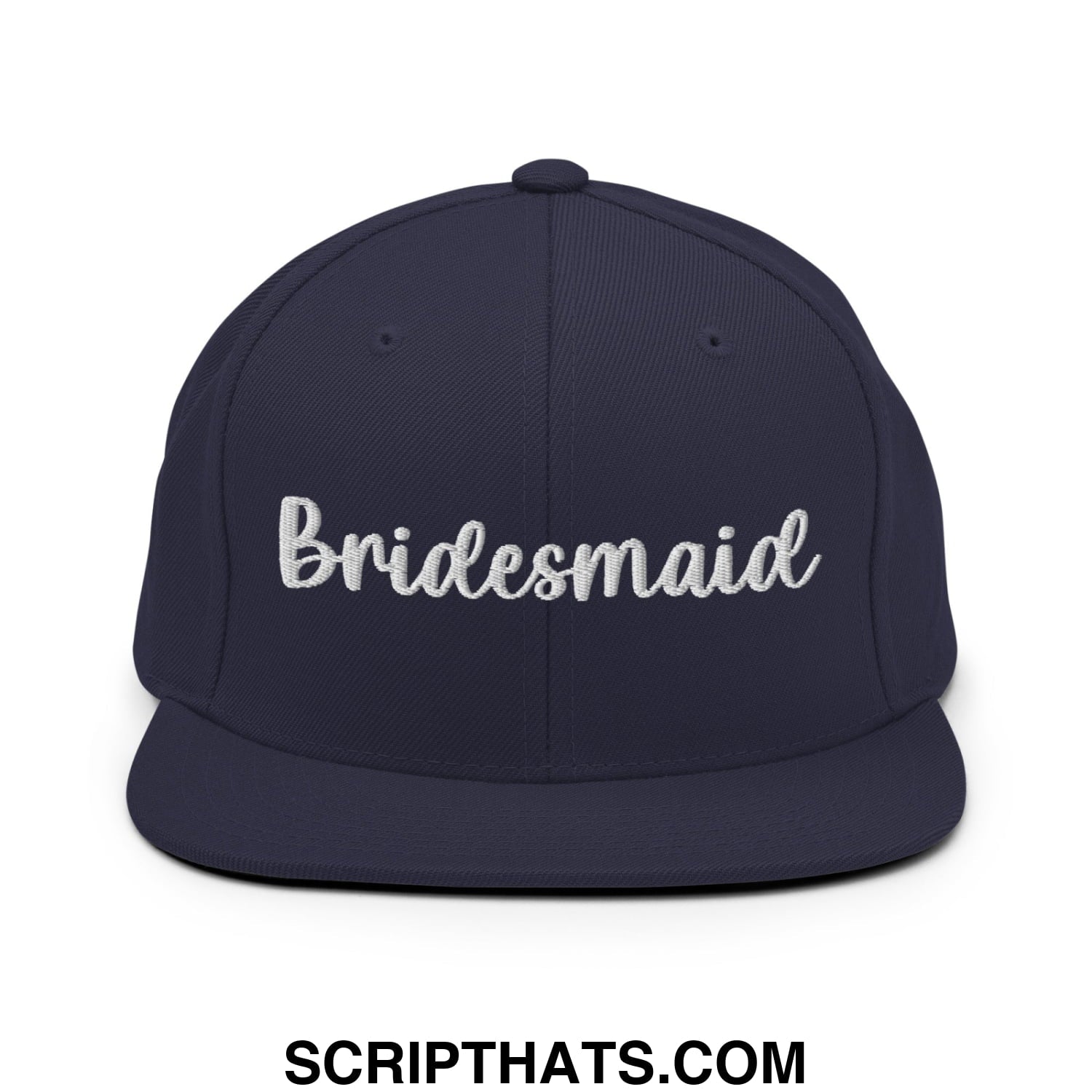 Navy blue bridesmaid snapback hat with white cursive embroidery and flat bill brim for bridal parties