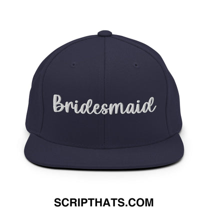 Navy blue bridesmaid snapback hat with white cursive embroidery and flat bill brim for bridal parties