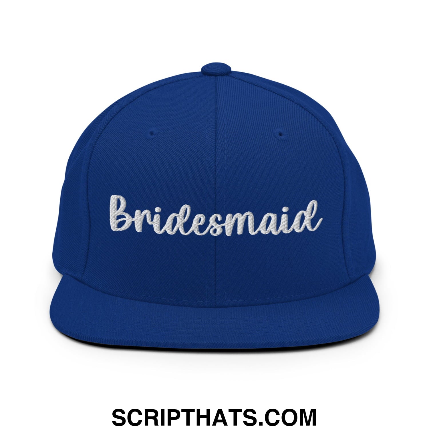 Royal blue snapback hat with white embroidered bridesmaid script and flat bill brim for wedding celebrations