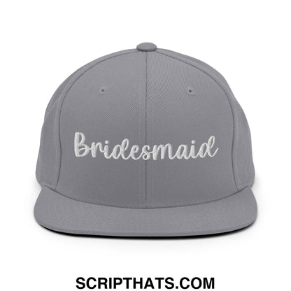 Gray bridesmaid embroidered flat bill snapback hat with white script for wedding party use