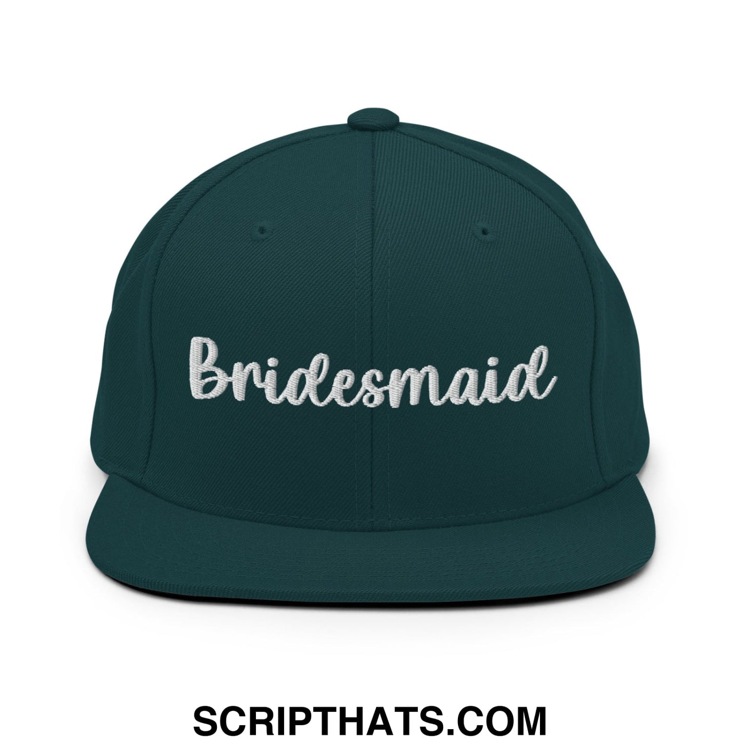 Dark green snapback cap with white embroidered bridesmaid script and flat bill brim for bridal party events