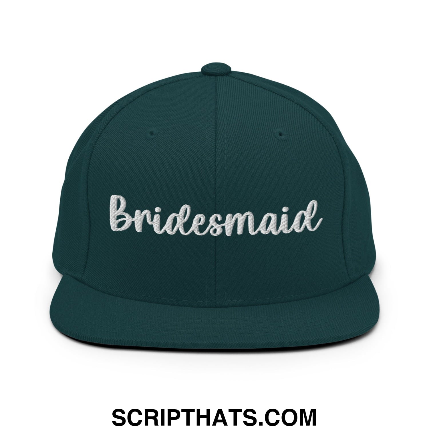 Dark green snapback cap with white embroidered bridesmaid script and flat bill brim for bridal party events