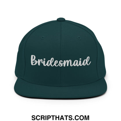 Dark green snapback cap with white embroidered bridesmaid script and flat bill brim for bridal party events