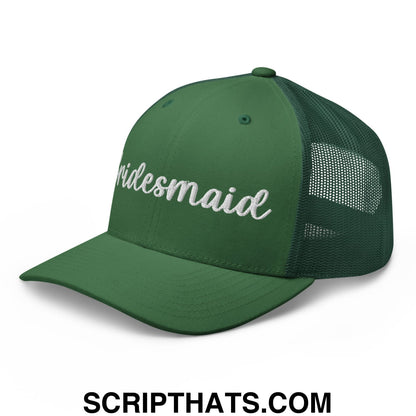 Dark green mesh trucker hat with white embroidered bridesmaid script across the front for wedding parties