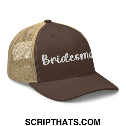 Brown and tan mesh trucker hat with bridesmaid embroidered in white script on the front