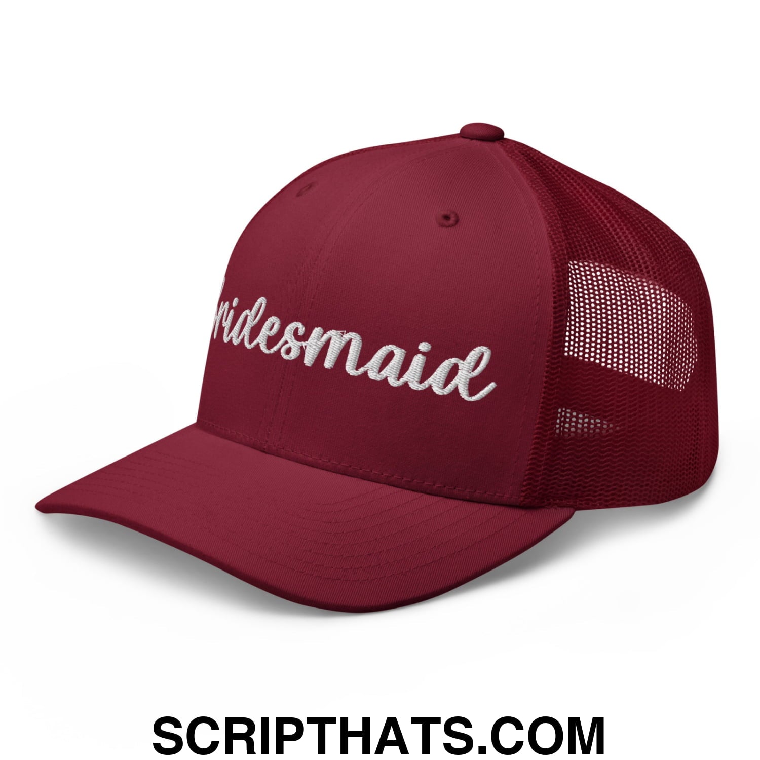 Maroon mesh trucker hat with white embroidered bridesmaid script on the front for bridal party wear