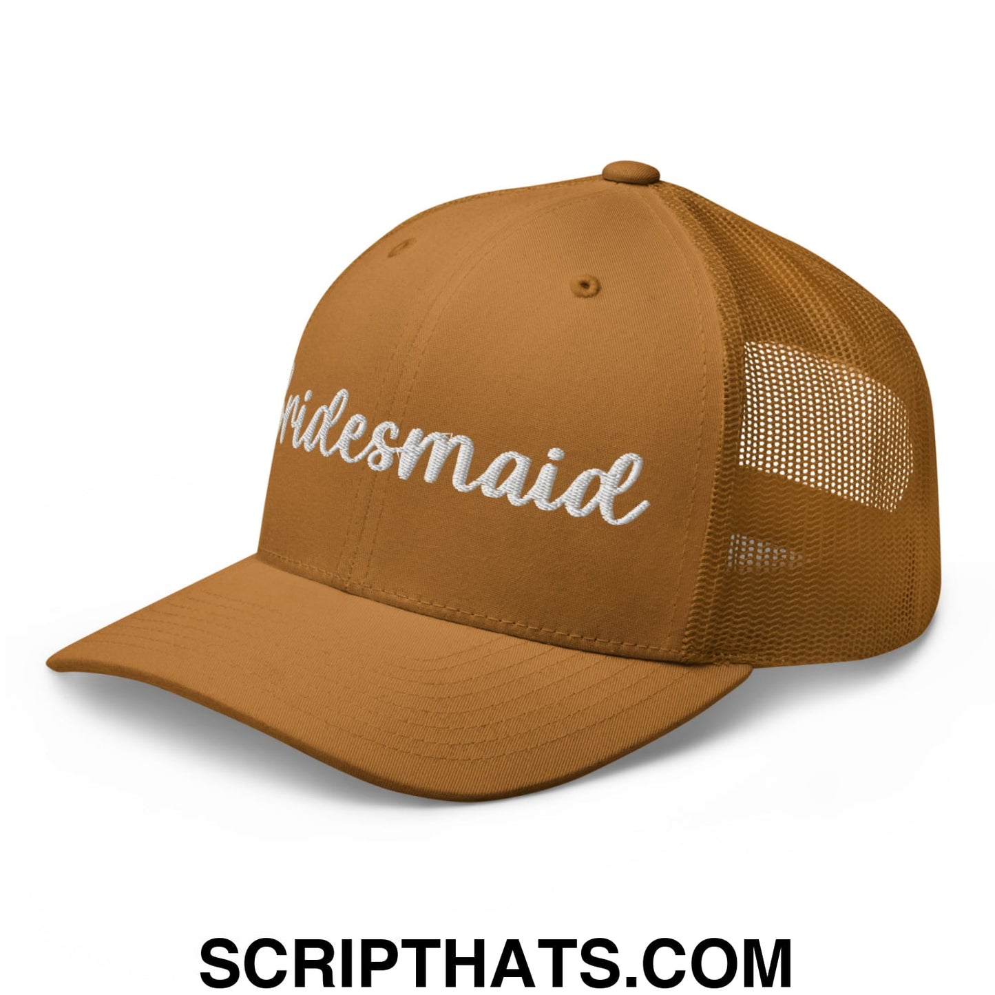 Tan mesh trucker hat with white embroidered bridesmaid script across the front for bridal party use