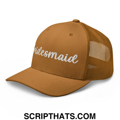Tan mesh trucker hat with white embroidered bridesmaid script across the front for bridal party use