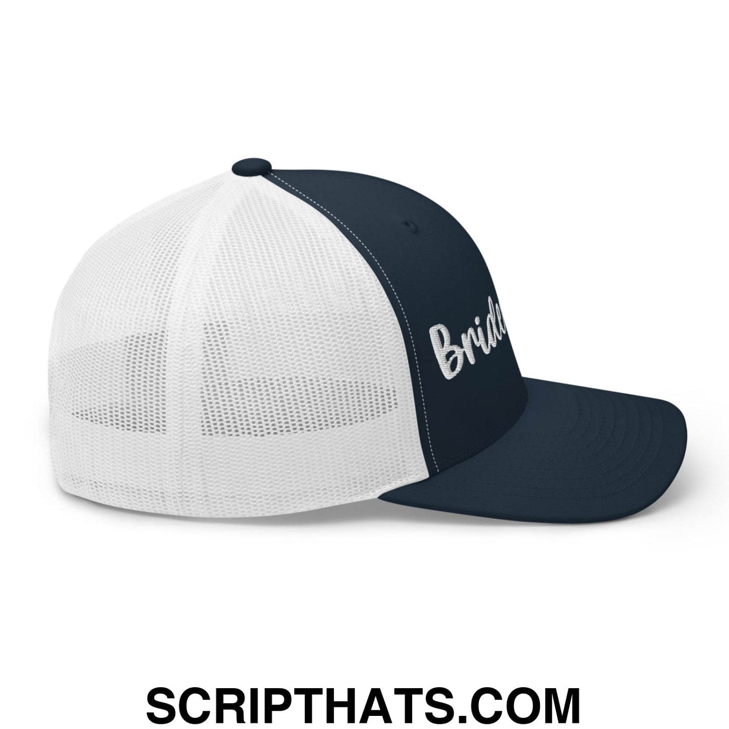 Navy blue and white mesh bridesmaid trucker hat with bride embroidered in silver script on the side
