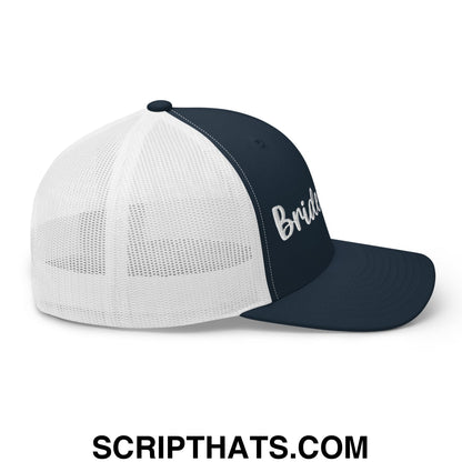 Navy blue and white mesh bridesmaid trucker hat with bride embroidered in silver script on the side