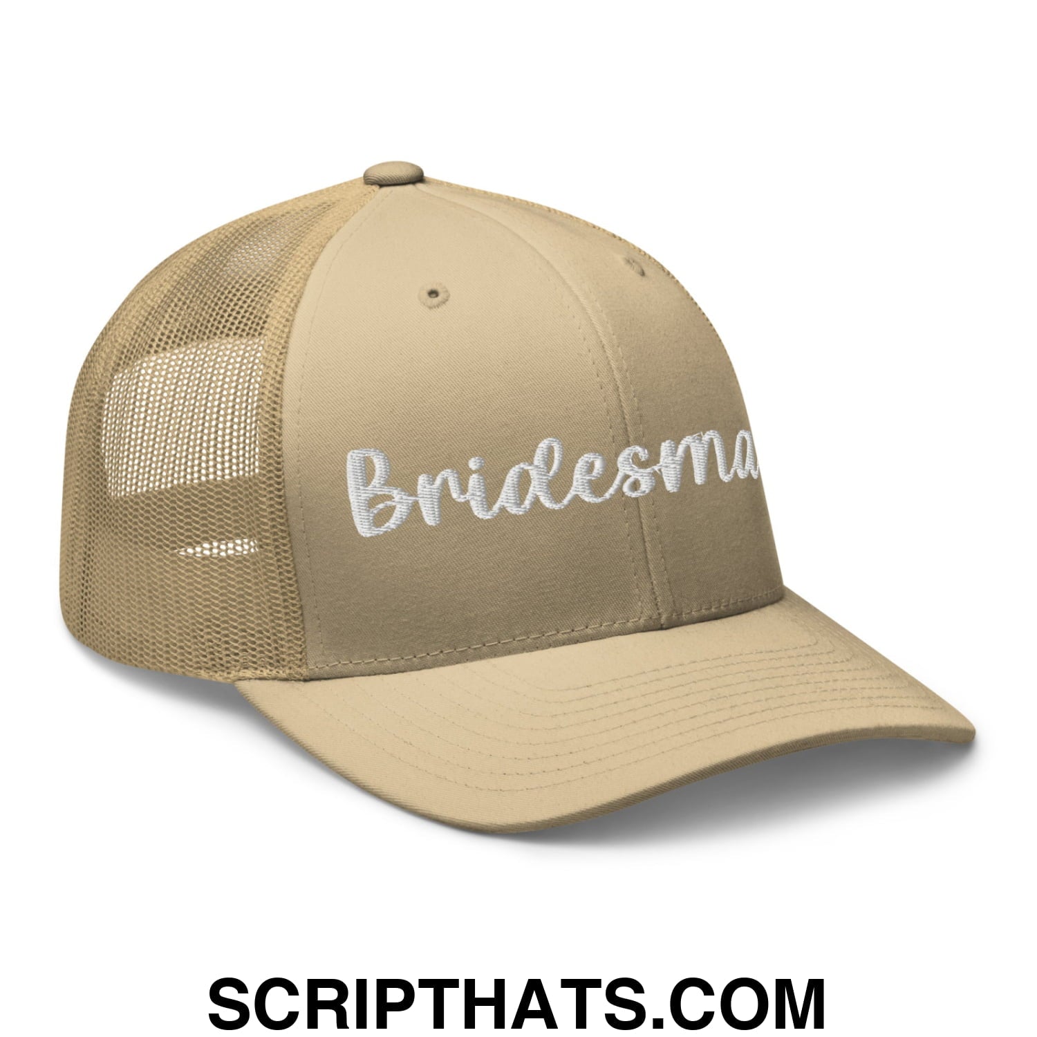 Beige mesh bridesmaid embroidered trucker hat with white bridesma script on the front for wedding parties