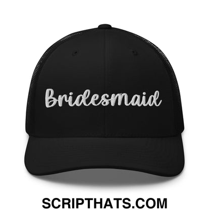 Black mesh trucker hat with bridesmaid embroidered in white script on the front for wedding parties