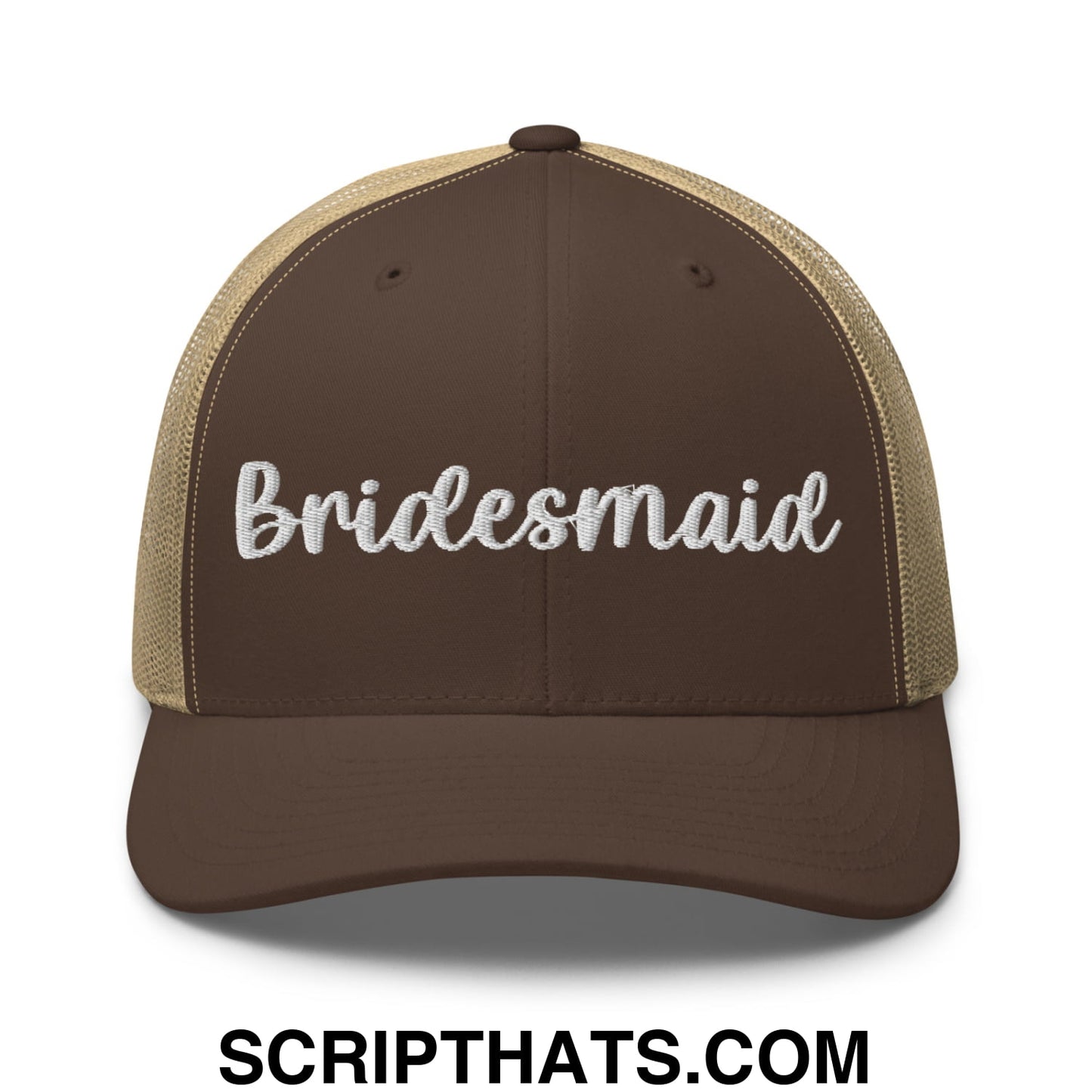 Brown and tan mesh trucker hat with bridesmaid embroidered in white script on front panel