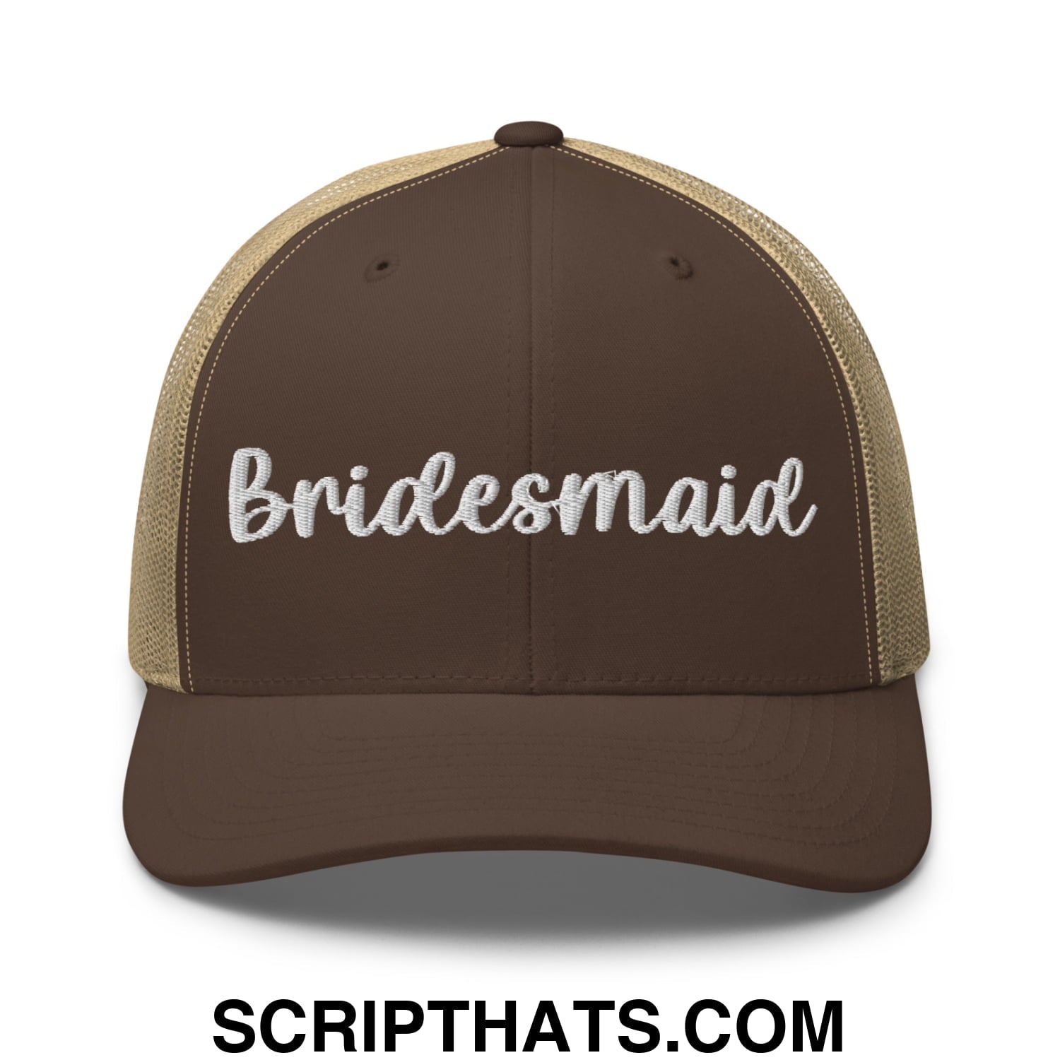 Brown and tan mesh trucker hat with bridesmaid embroidered in white script on front panel