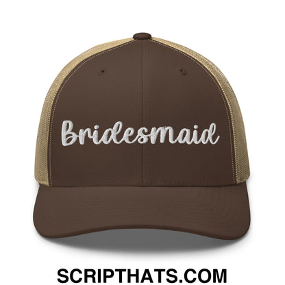 Brown and tan mesh trucker hat with bridesmaid embroidered in white script on front panel