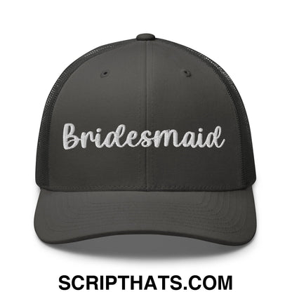 Dark gray mesh trucker hat with white embroidered bridesmaid text perfect for bridal party wear