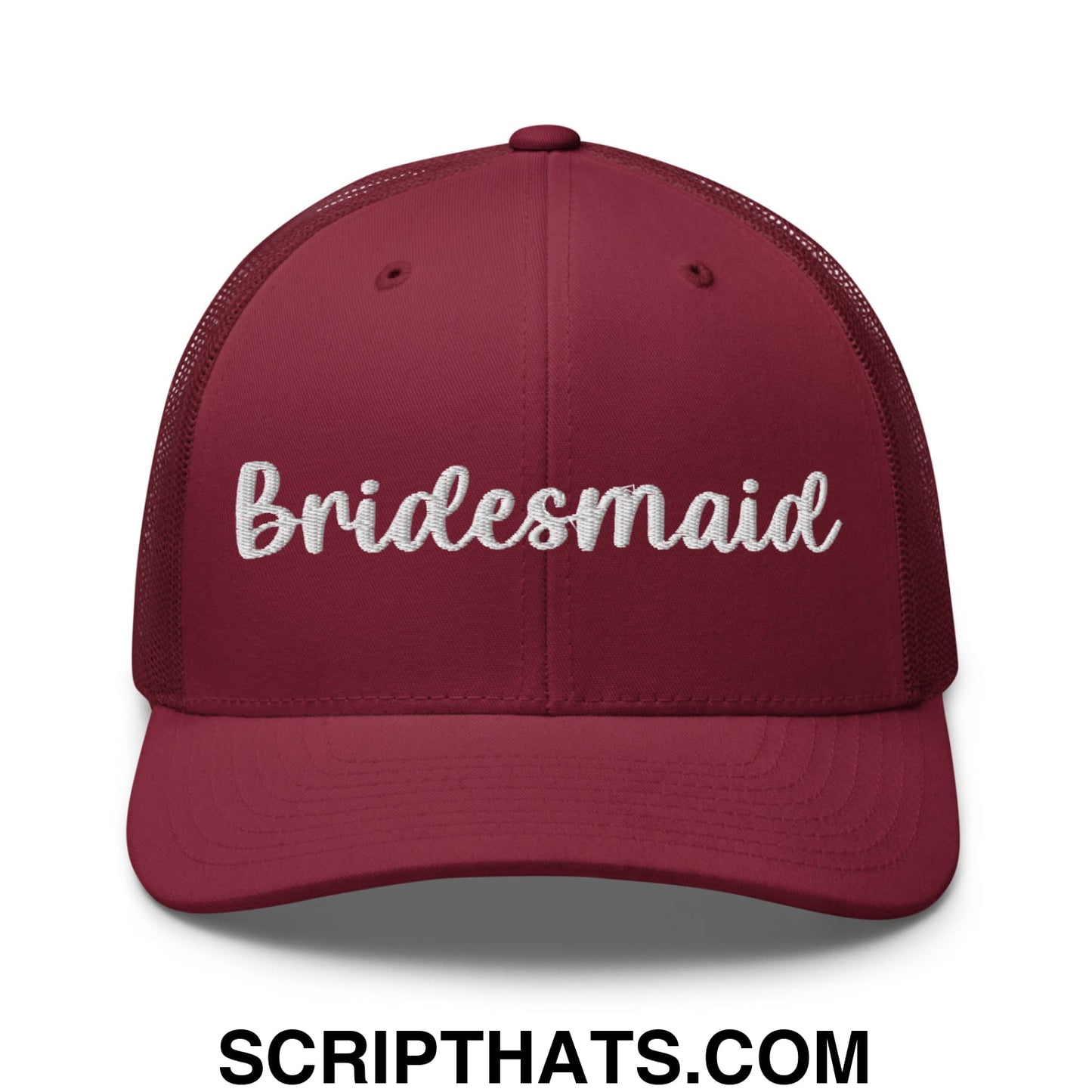 Maroon mesh trucker hat with white embroidered bridesmaid script across the front for wedding celebrations