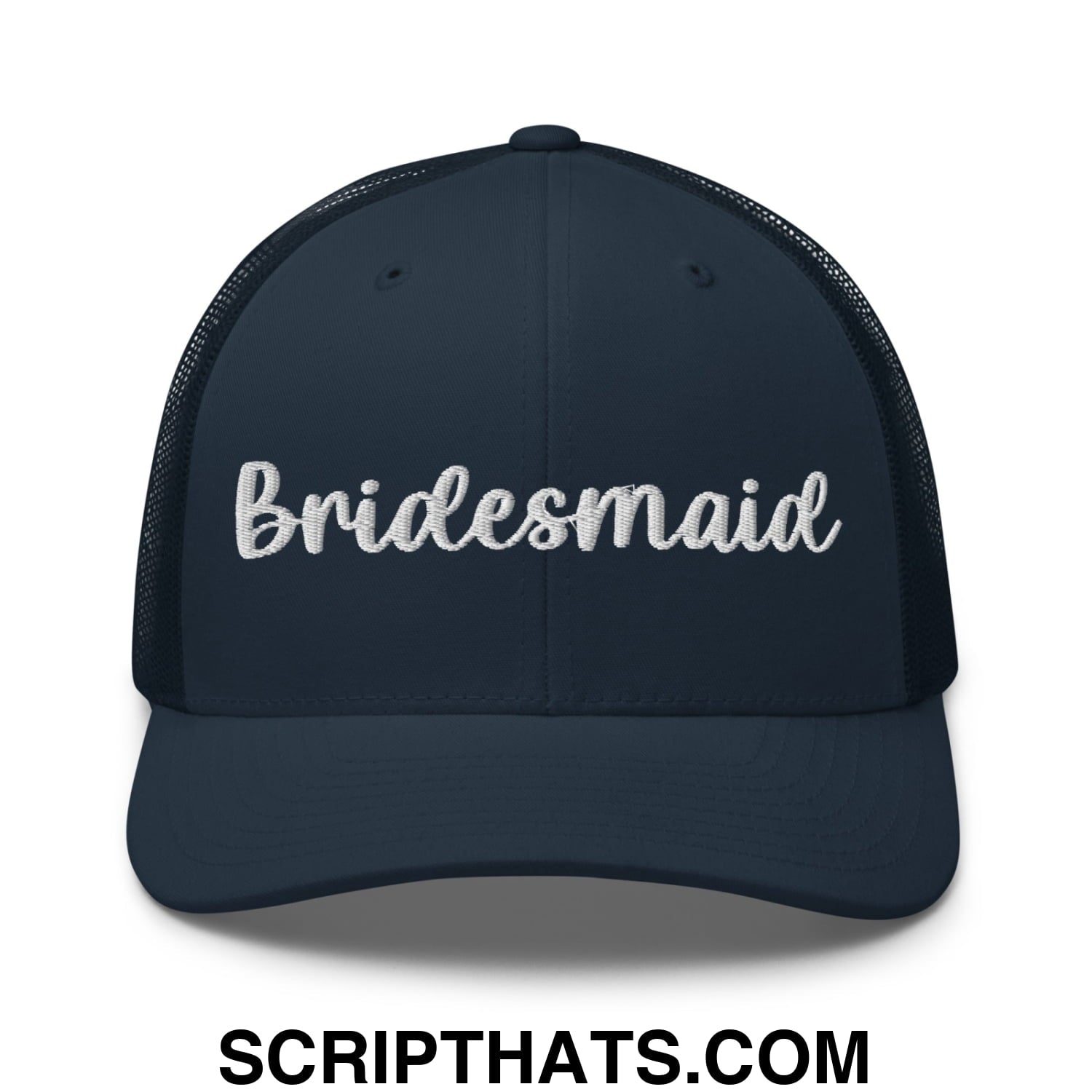 Navy blue mesh trucker hat with white embroidered bridesmaid script across the front for bridal parties