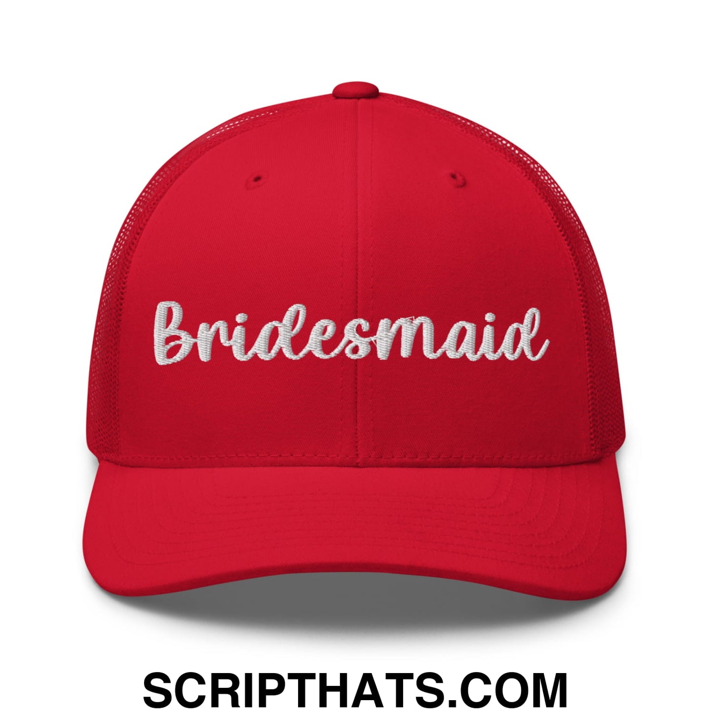 Red mesh trucker hat with white embroidered bridesmaid text designed for bridal party use