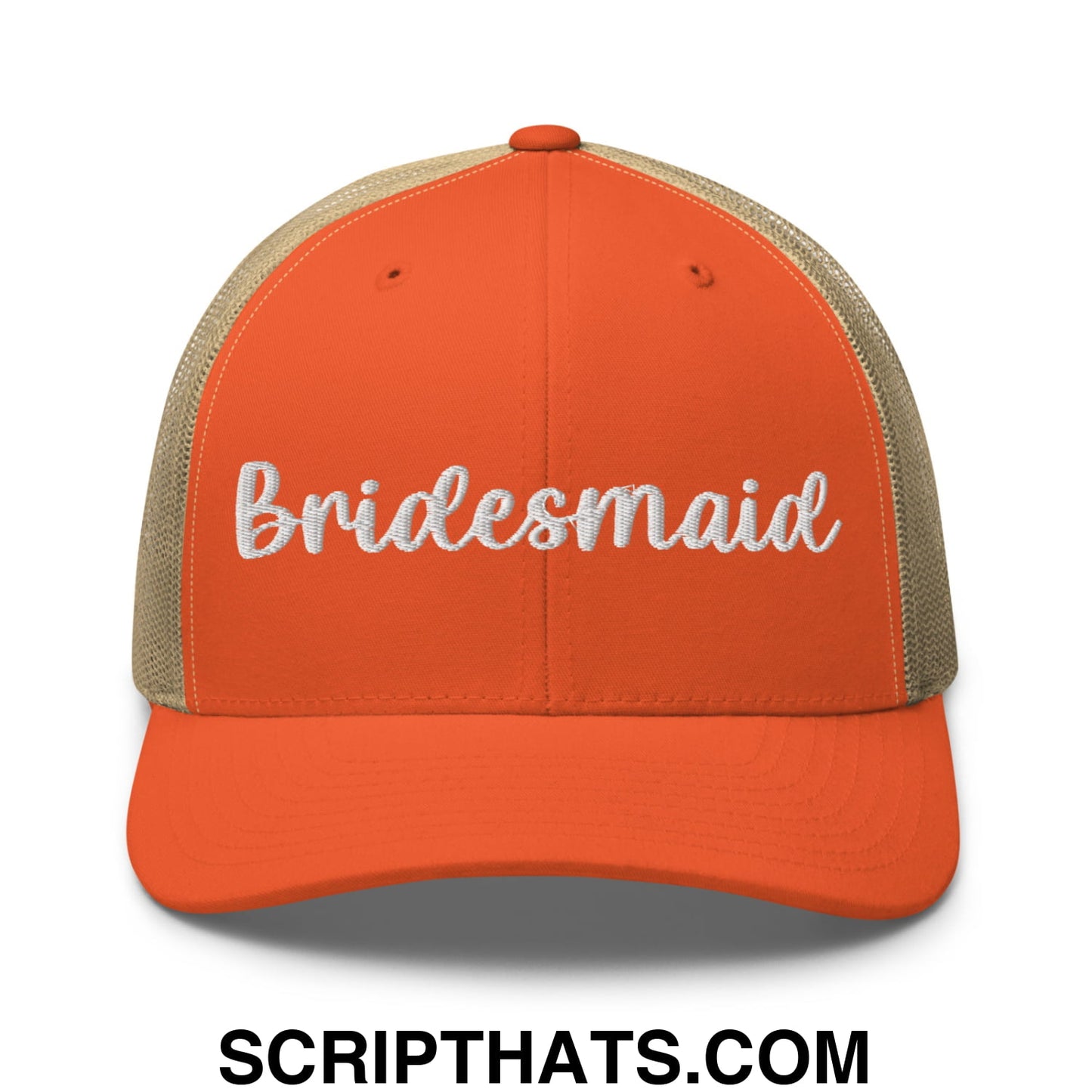 Orange and beige mesh trucker hat with white embroidered bridesmaid script for wedding party use