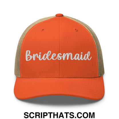 Orange and beige mesh trucker hat with white embroidered bridesmaid script for wedding party use