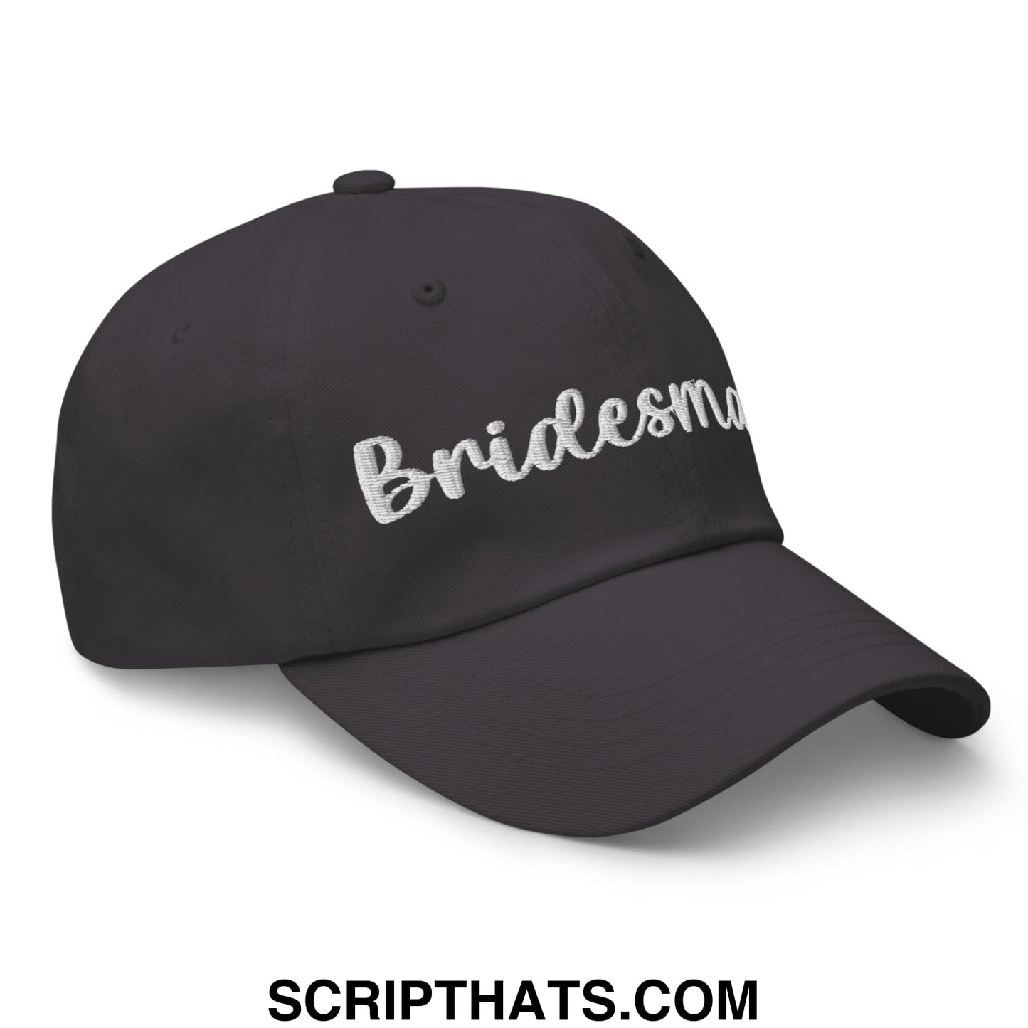 Black bridesmaid embroidered unstructured dad hat with white script embroidery for wedding parties