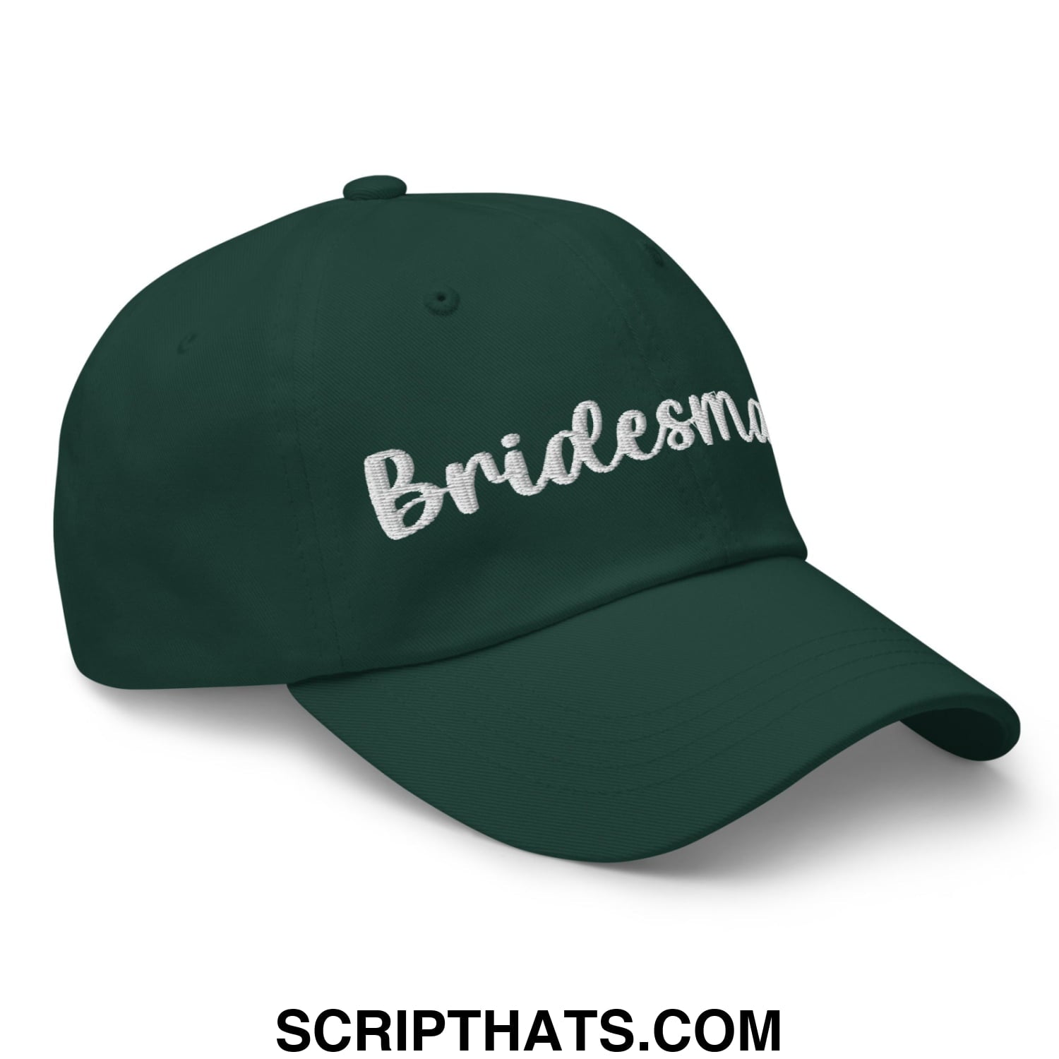 Dark green bridesmaid embroidered unstructured dad hat with white cursive script for wedding party use
