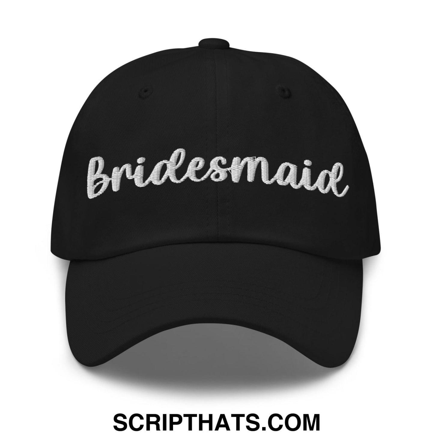 Black bridesmaid embroidered unstructured dad hat with white script front perfect for wedding parties