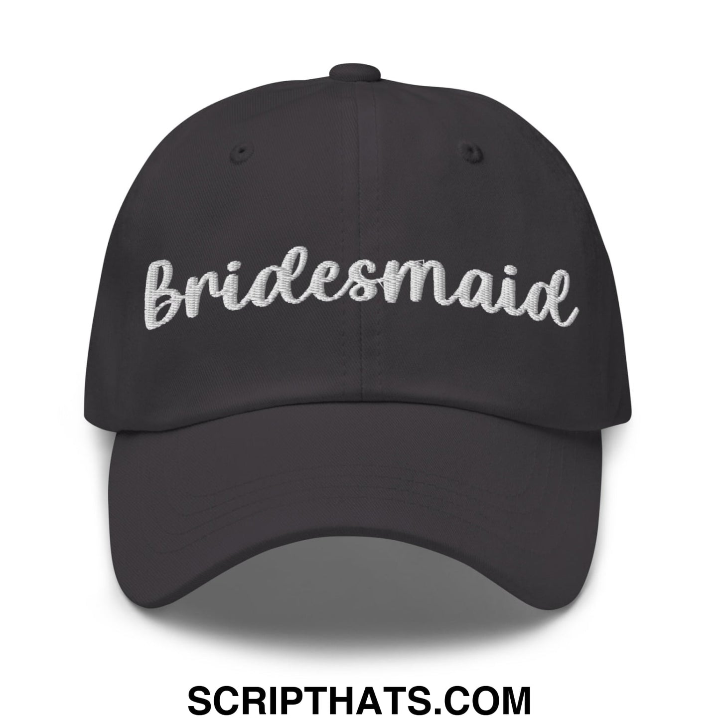 Black unstructured dad hat with white embroidered bridesmaid script ideal for bridal party wear