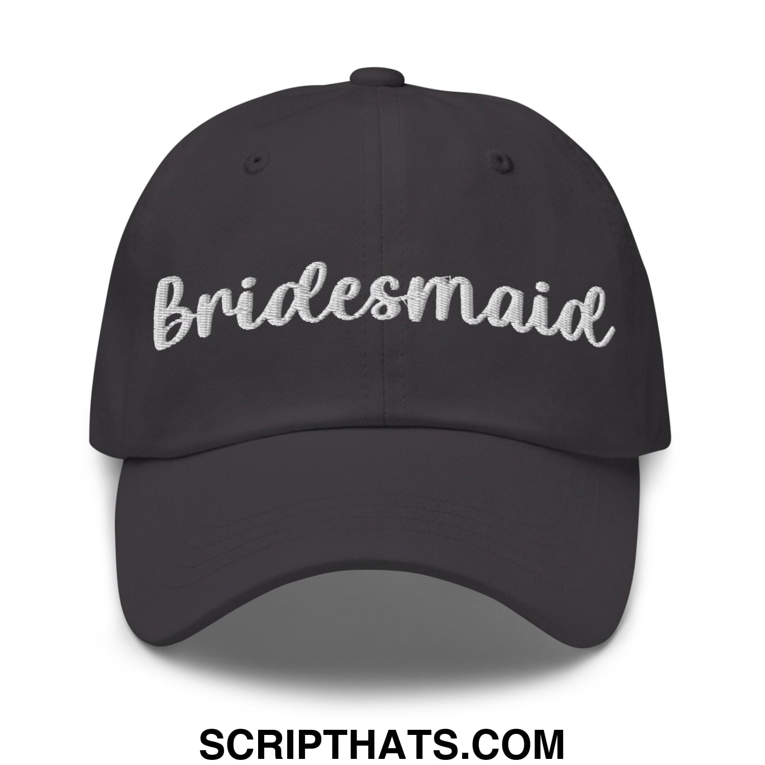 Black unstructured dad hat with white embroidered bridesmaid script ideal for bridal party wear