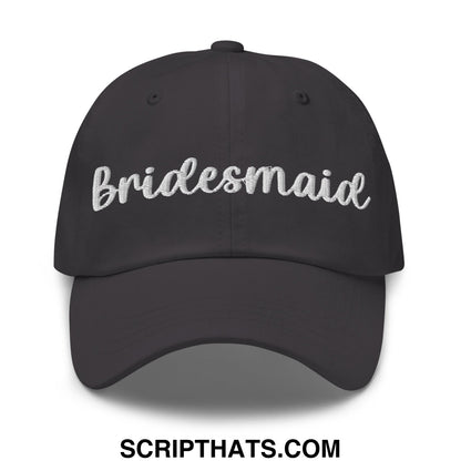 Black unstructured dad hat with white embroidered bridesmaid script ideal for bridal party wear
