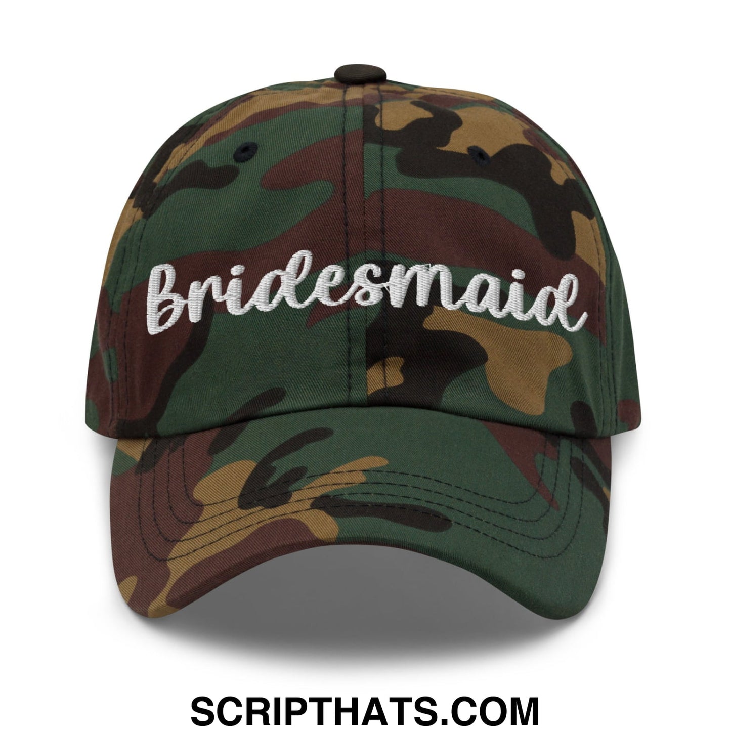 A camouflage bridesmaid embroidered unstructured dad hat with white script on the front for wedding use