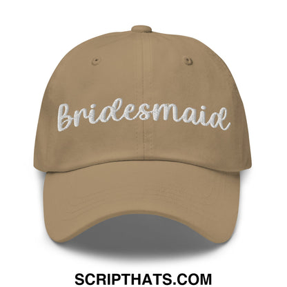 Tan unstructured dad hat with white embroidered bridesmaid script on front for wedding party wear