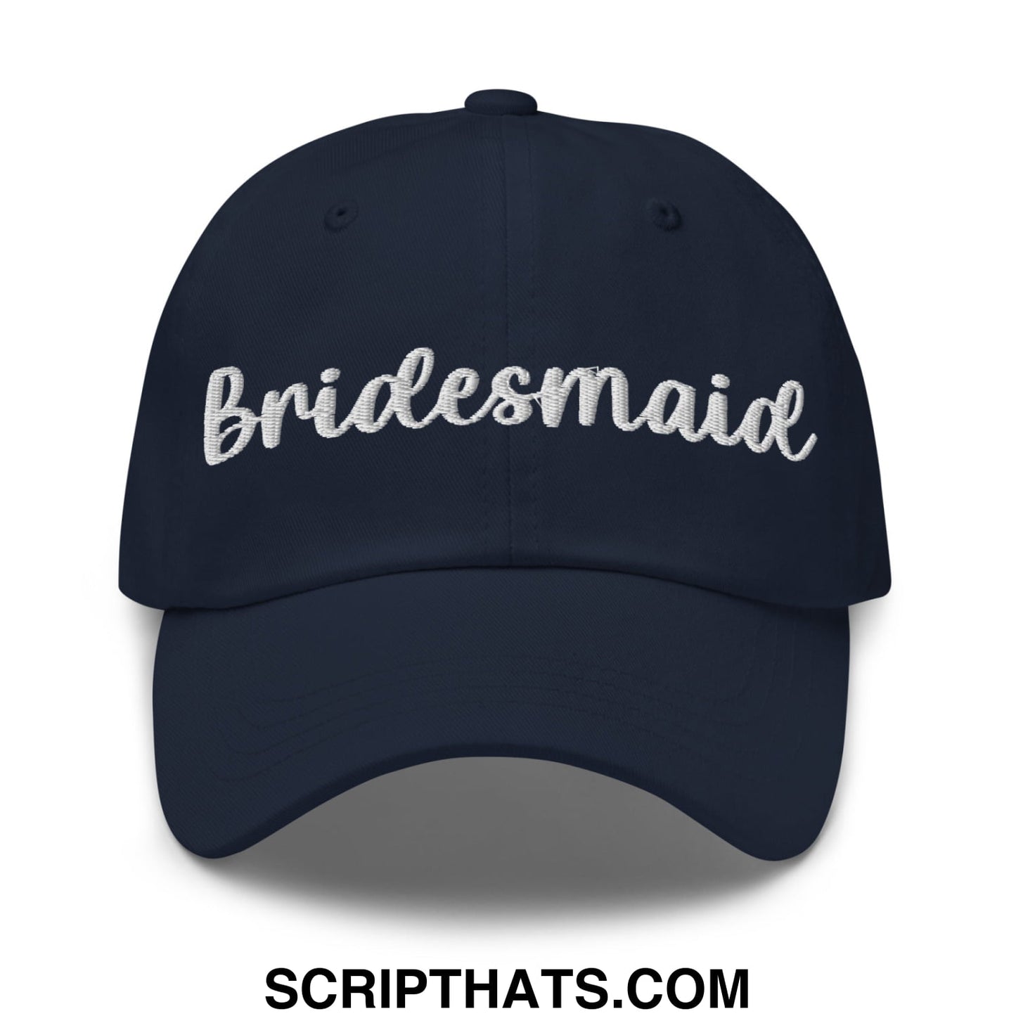 Navy blue embroidered bridesmaid unstructured dad hat featuring white script across the front