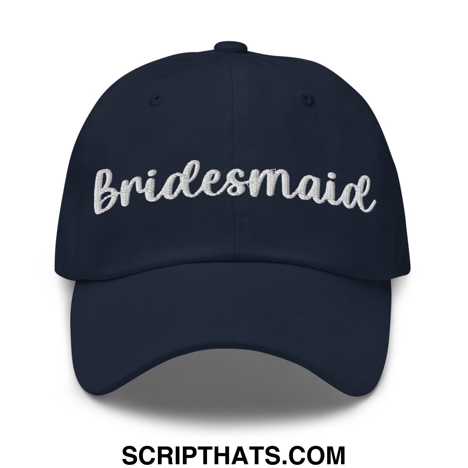 Navy blue embroidered bridesmaid unstructured dad hat featuring white script across the front