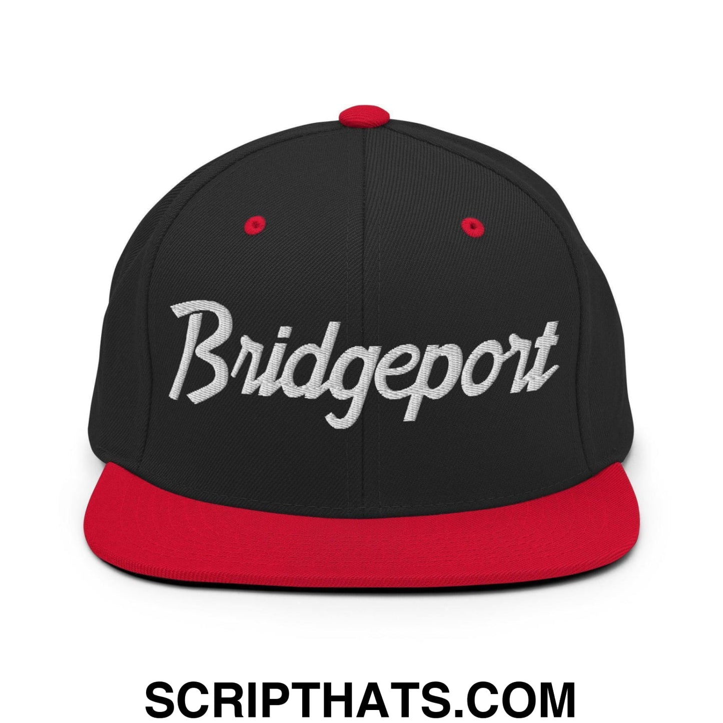 Bridgeport Script Snapback Hat Black Red