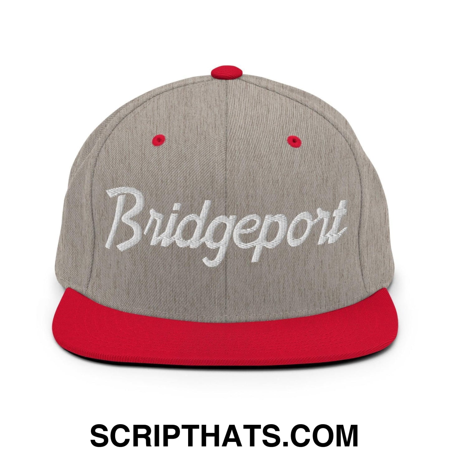 Bridgeport Script Snapback Hat Heather Grey Red