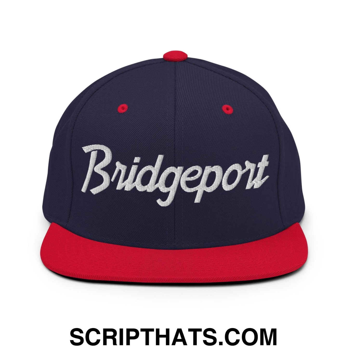 Bridgeport Script Snapback Hat Navy Red