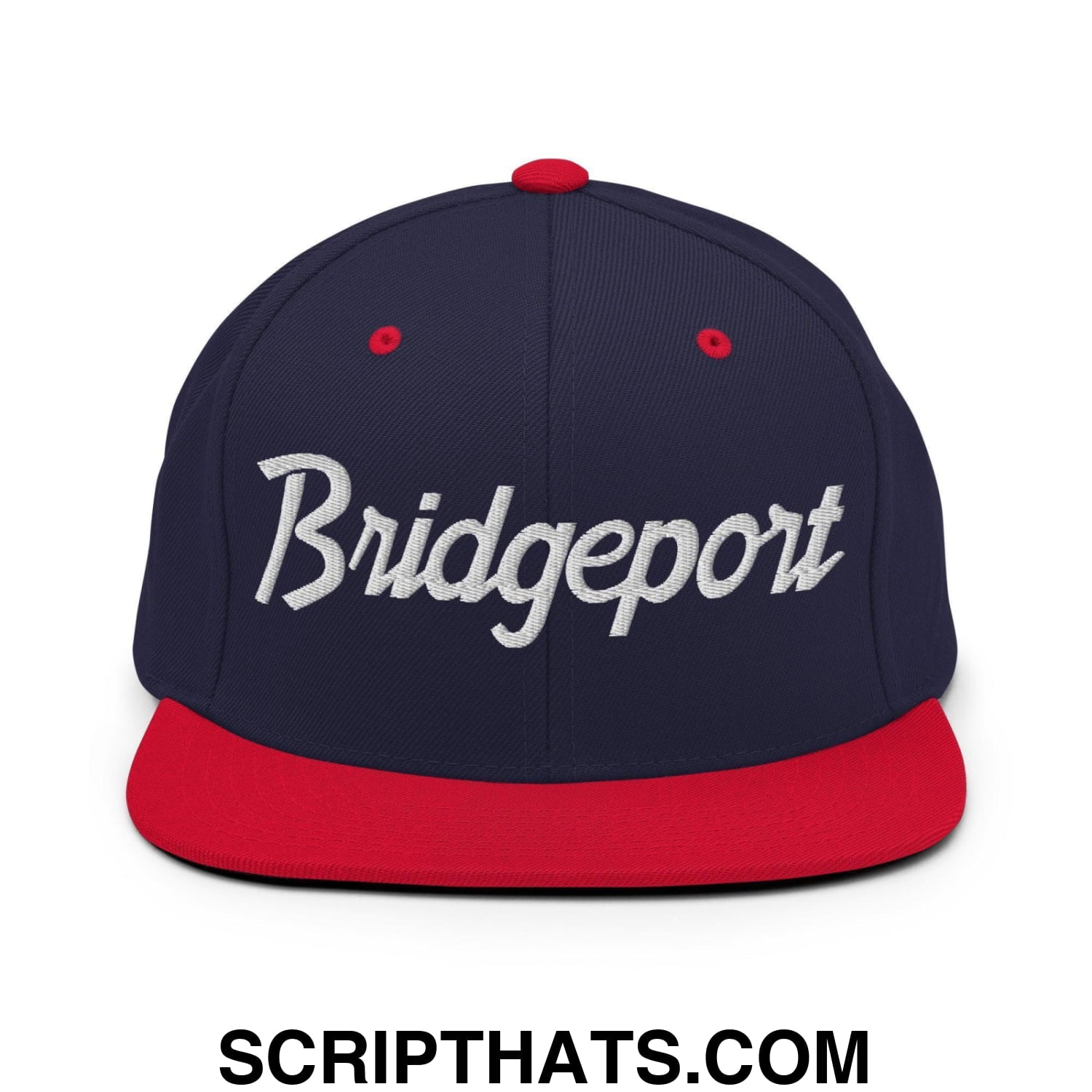 Bridgeport Script Snapback Hat Navy Red