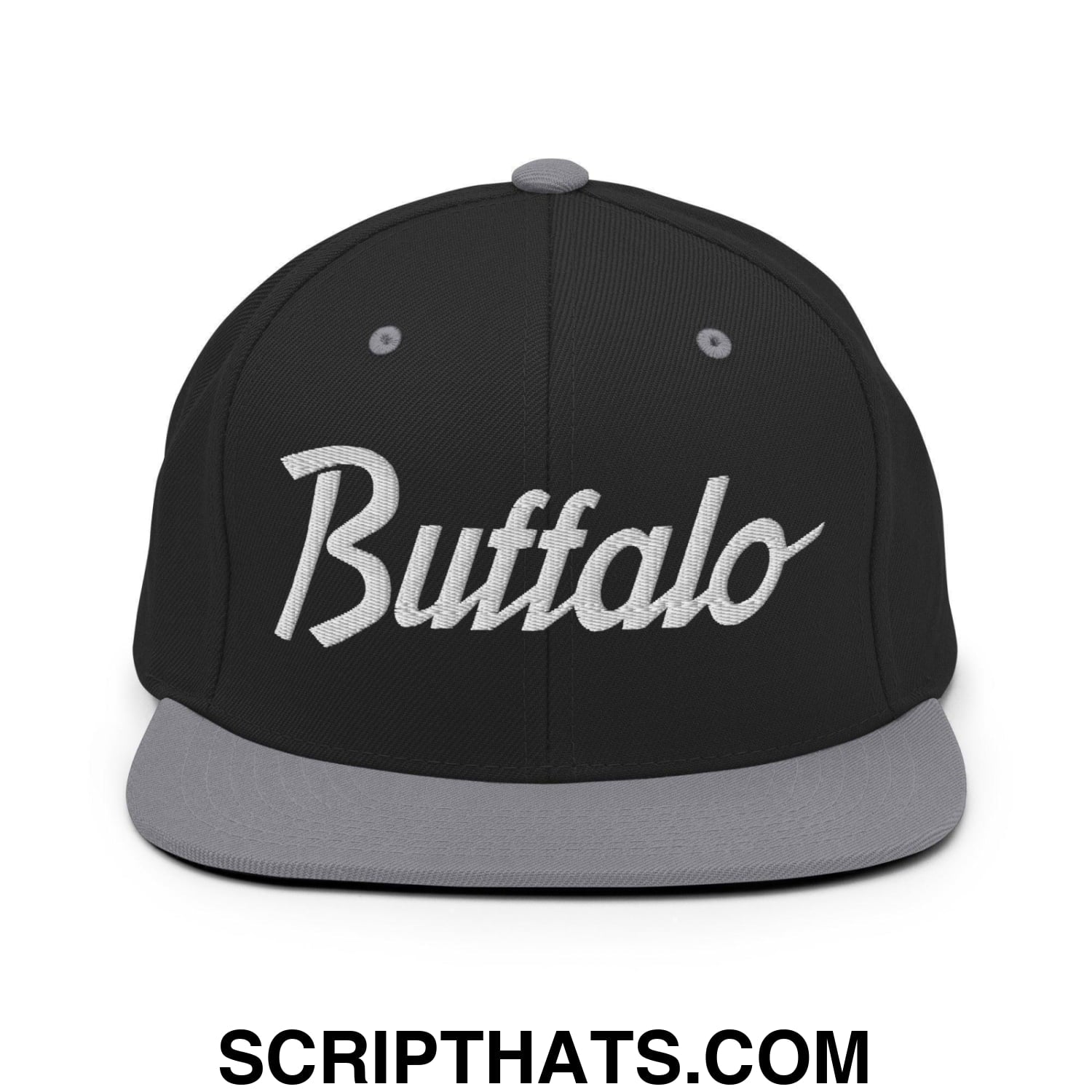 Buffalo Script Snapback Hat Black Silver
