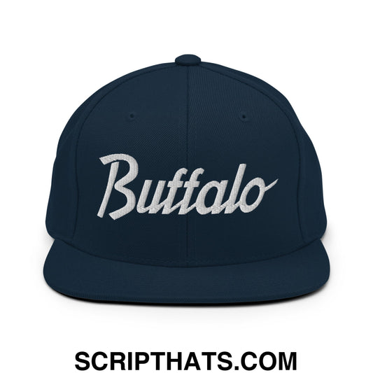Navy blue snapback hat with white embroidered buffalo vintage sports script and flat bill brim design