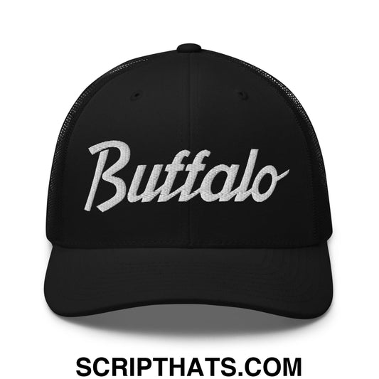Black mesh trucker hat with white embroidered buffalo script in vintage sports style