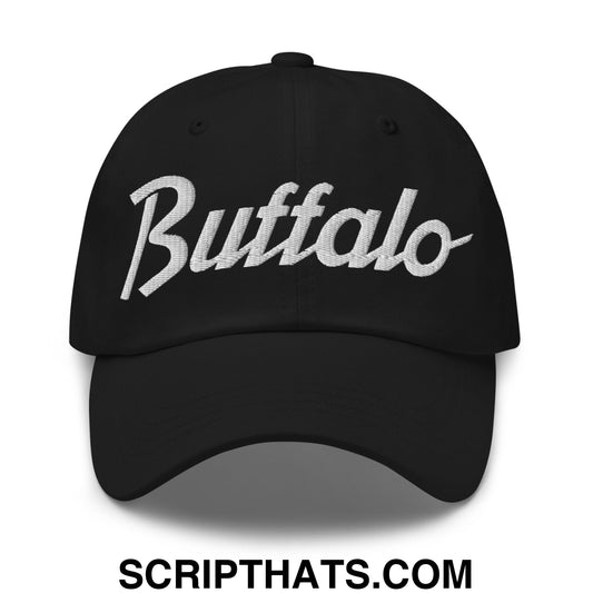 Black unstructured dad hat with white embroidered buffalo vintage sports script on front