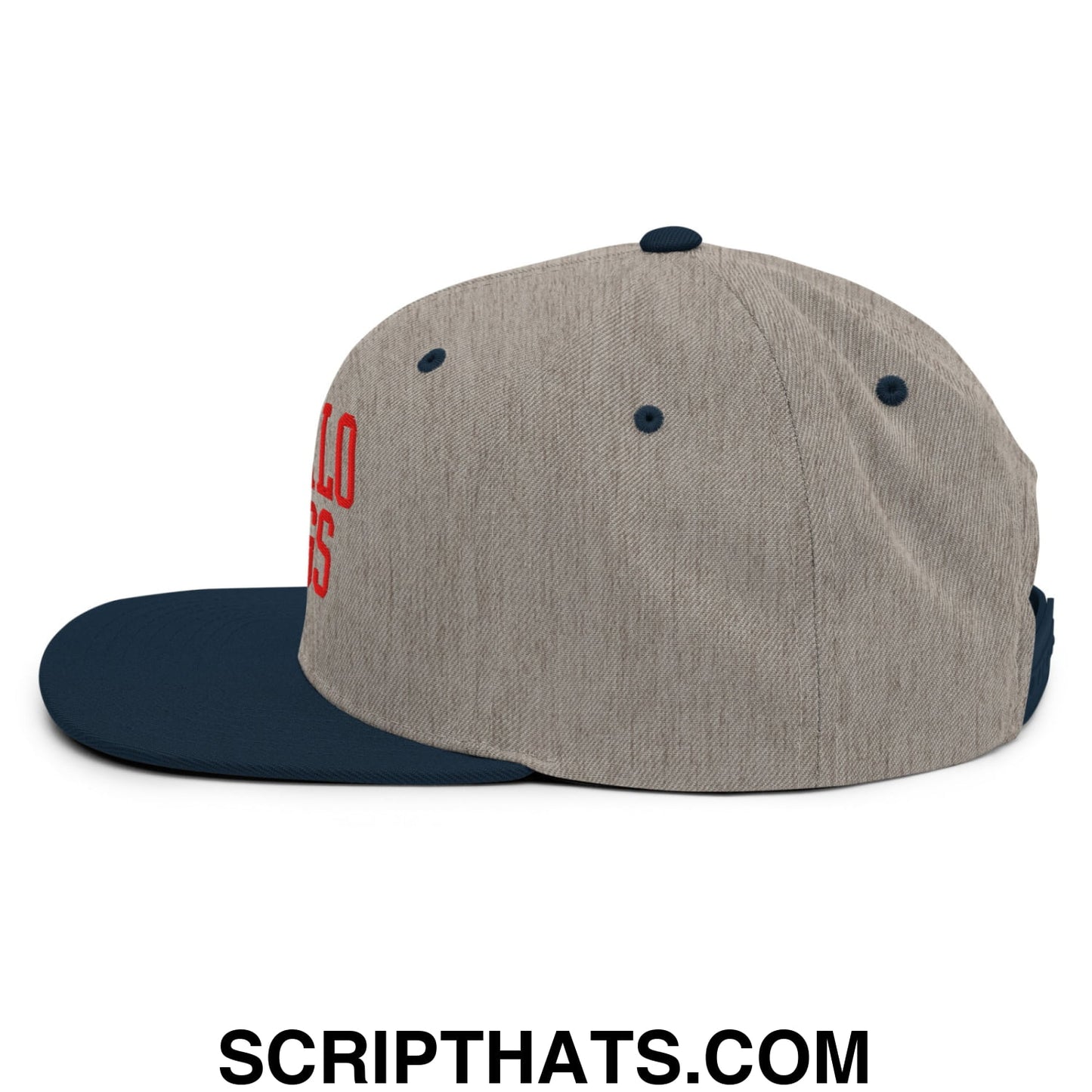 A gray and navy blue snapback hat with red buffalo wings chicken wings embroidered lettering on the side