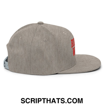 Gray heathered snapback cap with red embroidered buffalo wings chicken wings lettering on the side