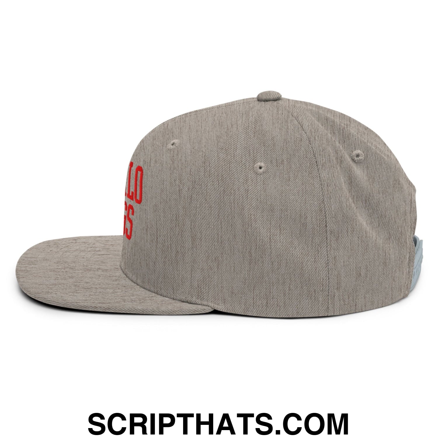 Gray heathered snapback cap with red buffalo wings embroidered lettering on the side and flat bill brim