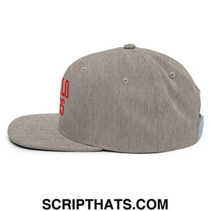Gray heathered snapback cap with red buffalo wings embroidered lettering on the side and flat bill brim